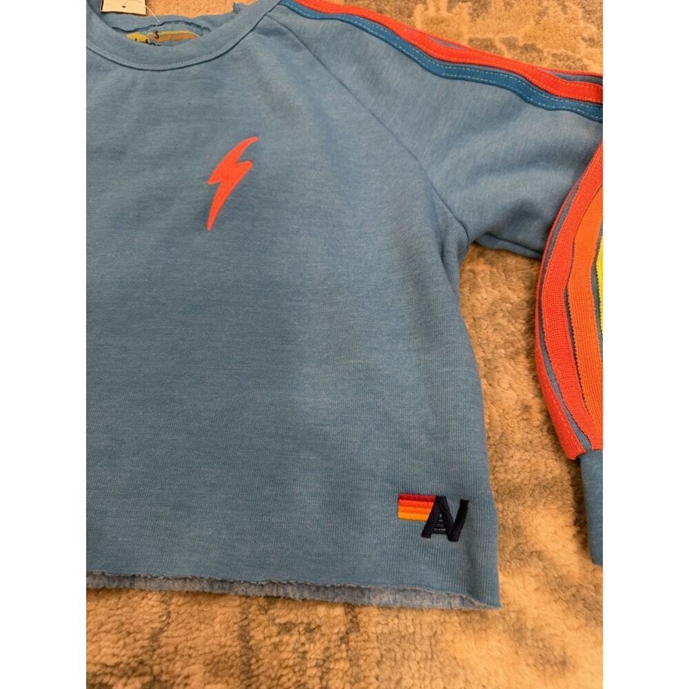Aviator Nation Blue Crewneck Rainbow Stripe Cropped Sweatshirt Sz S NWT $220 - Picture 2 of 16